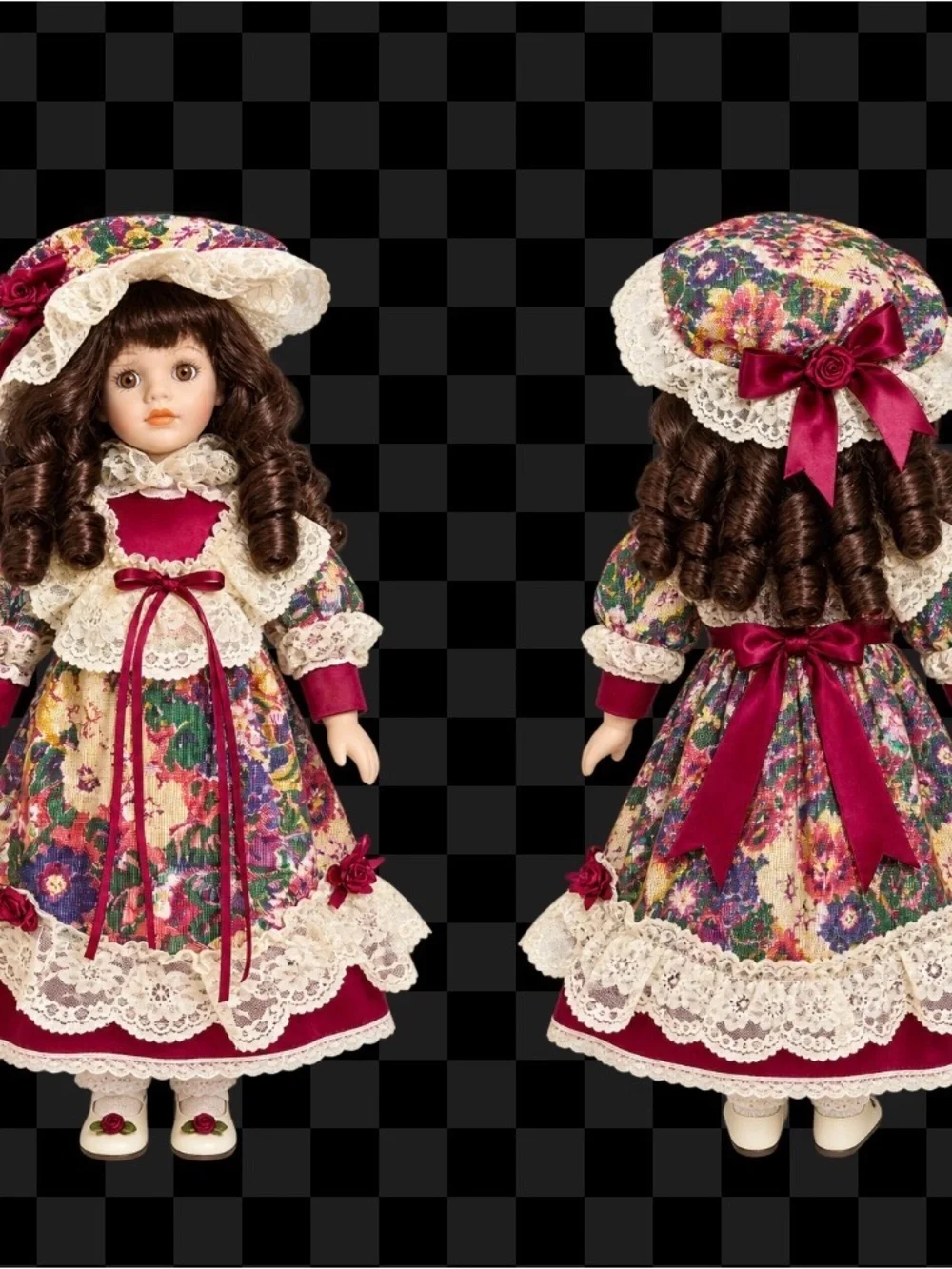 Burgundy Floral-Lace Porcelain Doll with Wide Brim Hat